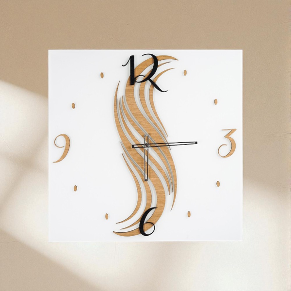 Orologio da Parete Quadrato TRATO 65x65 cm - Vetro Bianco e Legno Rovere