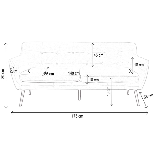 Divano 3 Posti Ellen L175 cm in Tessuto Imbottito Marrone