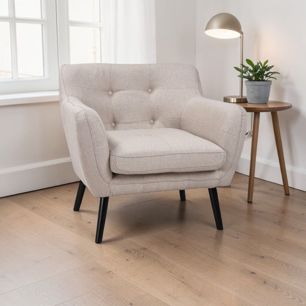 Fauteuil Ellen L82 cm, revêtement en tissu gris, pieds en bois