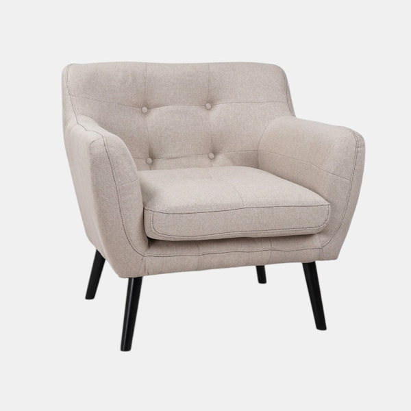 Fauteuil Ellen L82 cm, revêtement en tissu gris, pieds en bois