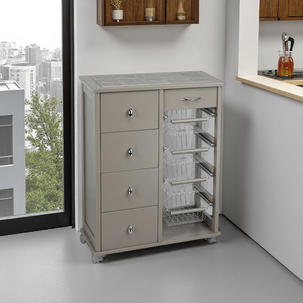Chariot de cuisine en bois taupe avec 4 tiroirs et 4 paniers – OTELIA
