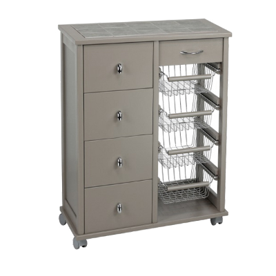Chariot de cuisine en bois taupe avec 4 tiroirs et 4 paniers – OTELIA
