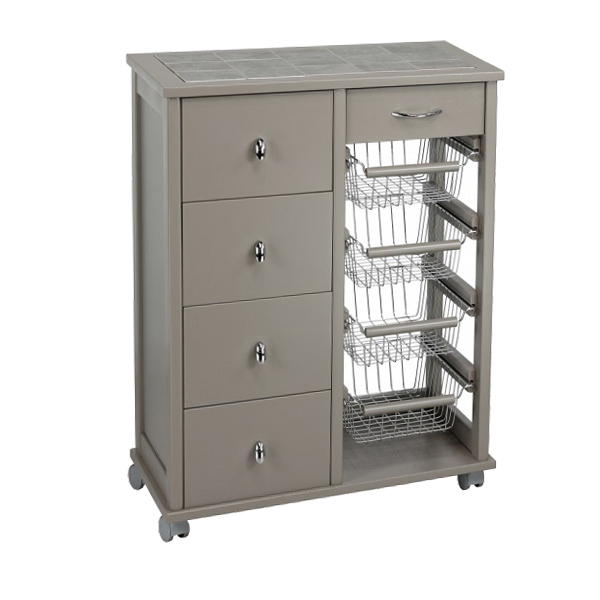 Chariot de cuisine en bois taupe avec 4 tiroirs et 4 paniers – OTELIA
