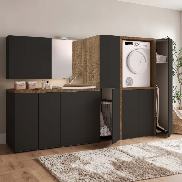 Wooden broom stand column with 1 door Graphite and Walnut structure