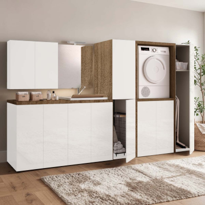 Mueble lavadora de madera 79x91 cm con 2 puertas blancas y estructura de nogal