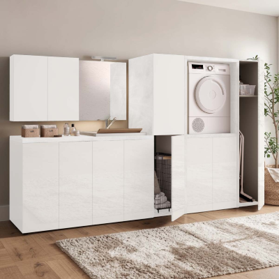 Columna multiusos de 2 puertas blancas y estructura gris con carro de lavandería