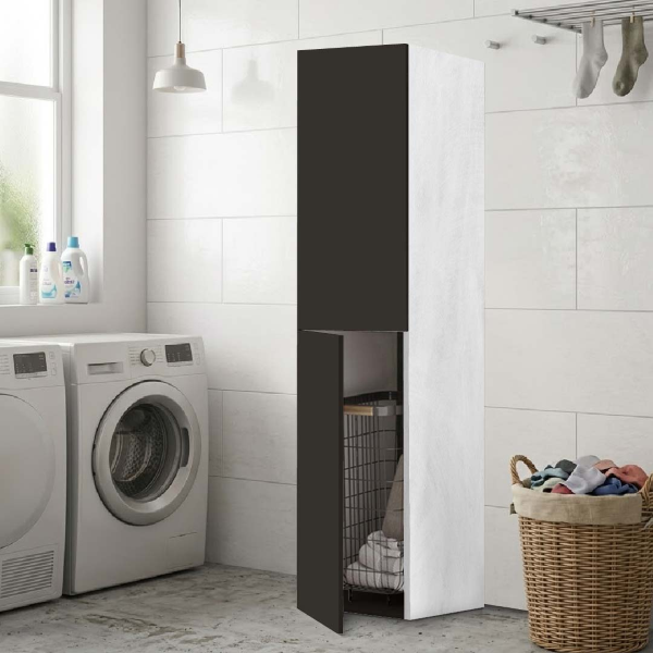 Columna multiusos con 2 puertas grafito y estructura gris con carro de lavandería