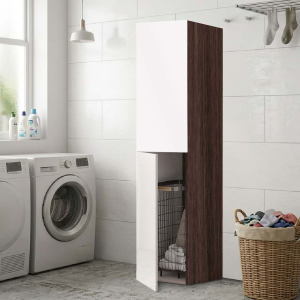 Multipurpose column with 2 doors White and Olmo structure with laundry trolley
