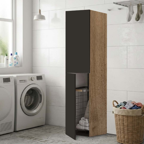 Columna multiusos con 2 puertas grafito y estructura de nogal con carro de lavandería
