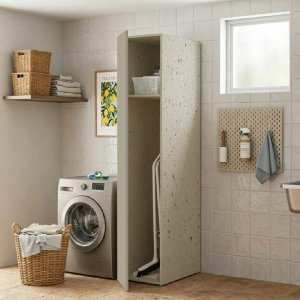 Wooden broom holder column with 1 door Dove Grey and Stone structure