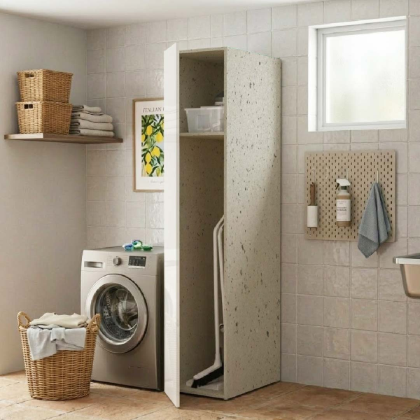 1-door wooden broom holder column White and Stone structure