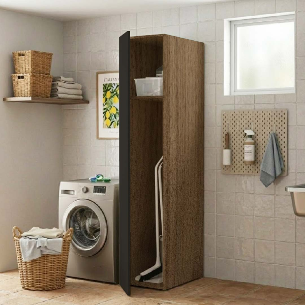 Wooden broom stand column with 1 door Graphite and Walnut structure