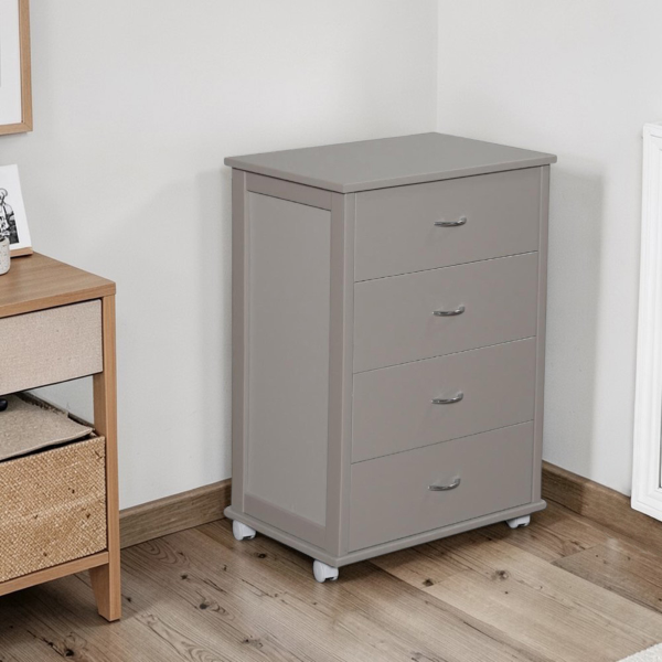 Commode avec roulettes ICON H83 cm en Bois de Hêtre à 4 Tiroirs Gris Tourterelle.