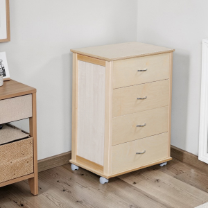 Commode avec roulettes ICON H83 cm en Bois de Hêtre à 4 Tiroirs Naturel.