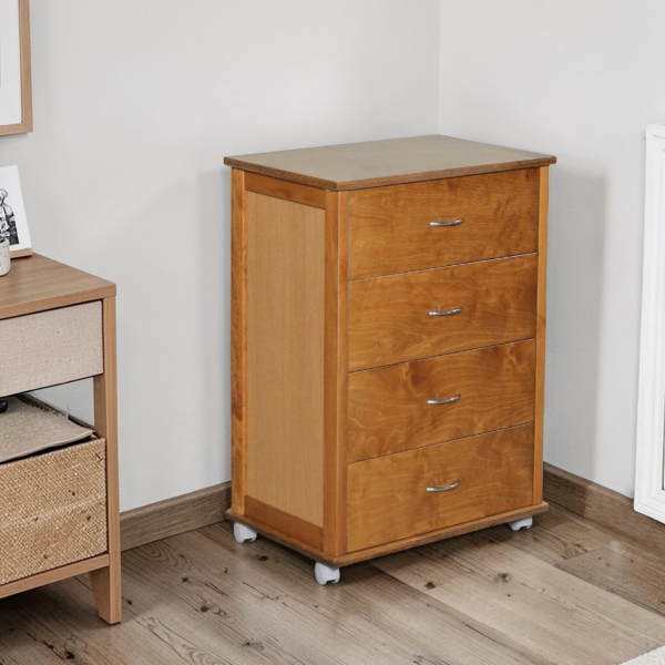 Commode avec roulettes ICON H83 cm en Bois de Hêtre à 4 Tiroirs Chêne.