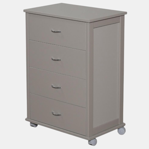 Commode avec roulettes ICON H83 cm en Bois de Hêtre à 4 Tiroirs Gris Tourterelle.