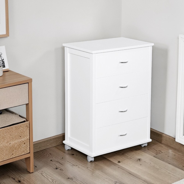 Commode avec roulettes ICON H83 cm en Bois de Hêtre à 4 Tiroirs Blanc.