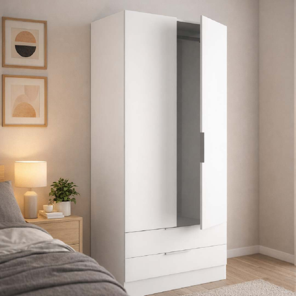 Armadio Kandir 82x184h cm in legno 2 Ante e 2 Cassetti - Bianco Opaco