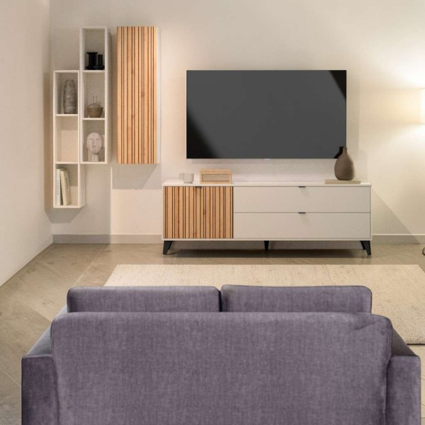 Mobile Porta TV Nidor 182x60h cm Legno Grigio 1 Anta e 2 Cassetti