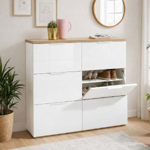 SELDIR shoe rack 120x102h cm in White wood and Oak with 6 flap doors
