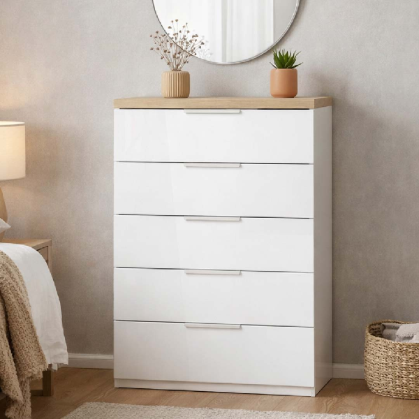 Cómoda multiusos 81x103h cm con 5 cajones en madera blanco brillo