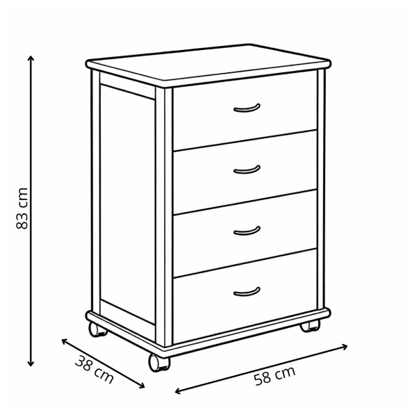 Cassettiera con ruote ICON 58X83h cm in Legno di Faggio a 4 Cassetti Noce