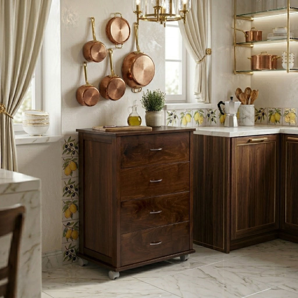 Commode avec roulettes ICON H83 cm en Bois de Hêtre à 4 Tiroirs Noyer.