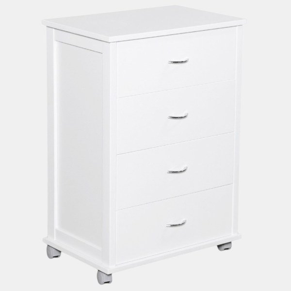 Commode avec roulettes ICON H83 cm en Bois de Hêtre à 4 Tiroirs Blanc.