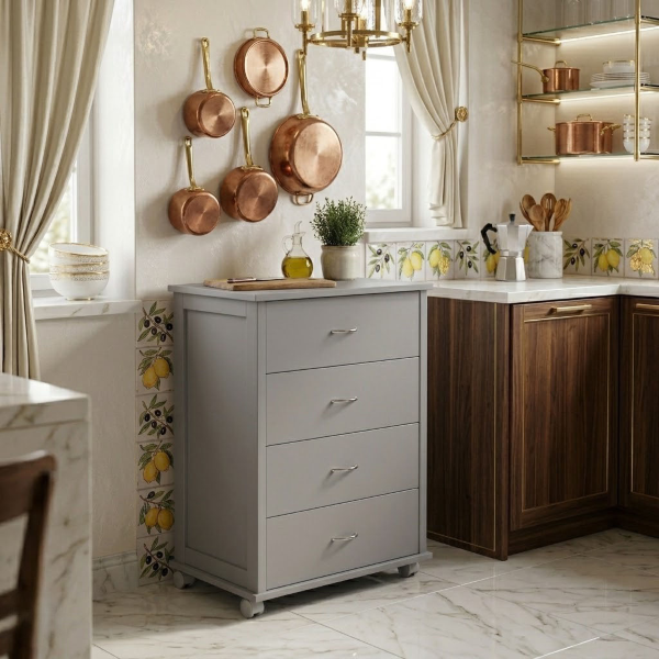 Cajonera con ruedas ICON H83 cm en Madera de Haya con 4 Cajones Gris Tórtola.