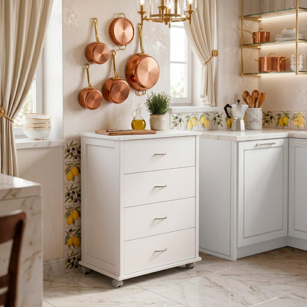 Commode avec roulettes ICON H83 cm en Bois de Hêtre à 4 Tiroirs Blanc.