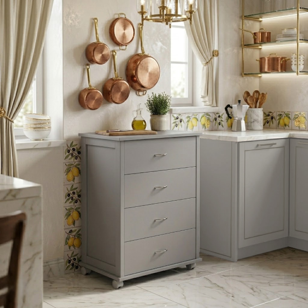 Commode avec roulettes ICON H83 cm en Bois de Hêtre à 4 Tiroirs Gris Tourterelle.