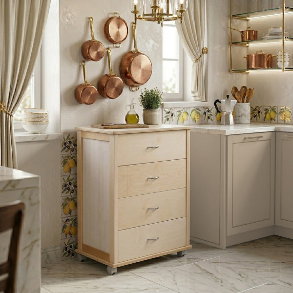 Commode avec roulettes ICON H83 cm en Bois de Hêtre à 4 Tiroirs Naturel.