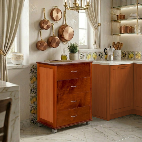 Commode avec roulettes ICON H83 cm en Bois de Hêtre à 4 Tiroirs Cerisier.