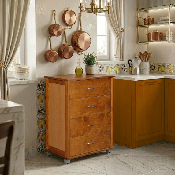 Commode avec roulettes ICON H83 cm en Bois de Hêtre à 4 Tiroirs Chêne.