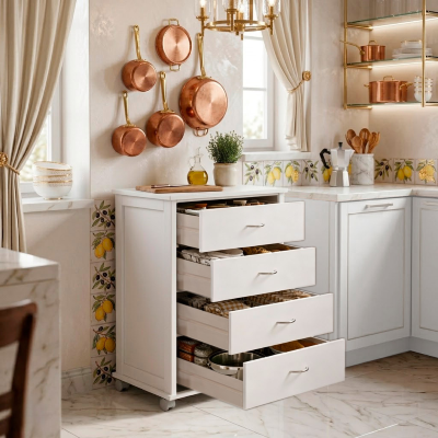 Commode avec roulettes ICON H83 cm en Bois de Hêtre à 4 Tiroirs Blanc.