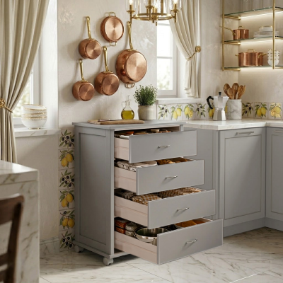 Commode avec roulettes ICON H83 cm en Bois de Hêtre à 4 Tiroirs Gris Tourterelle.