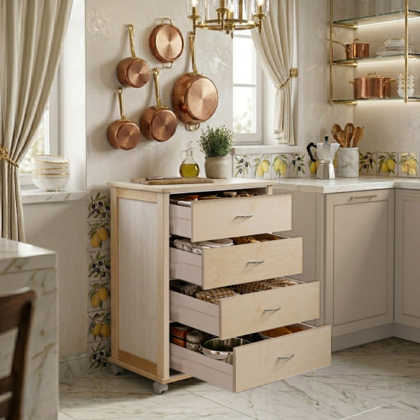 Commode avec roulettes ICON H83 cm en Bois de Hêtre à 4 Tiroirs Naturel.