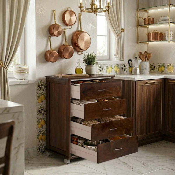 Commode avec roulettes ICON H83 cm en Bois de Hêtre à 4 Tiroirs Noyer.