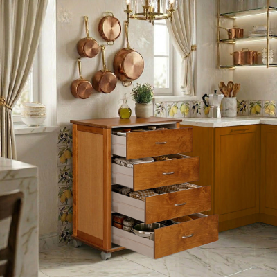 Commode avec roulettes ICON H83 cm en Bois de Hêtre à 4 Tiroirs Chêne.