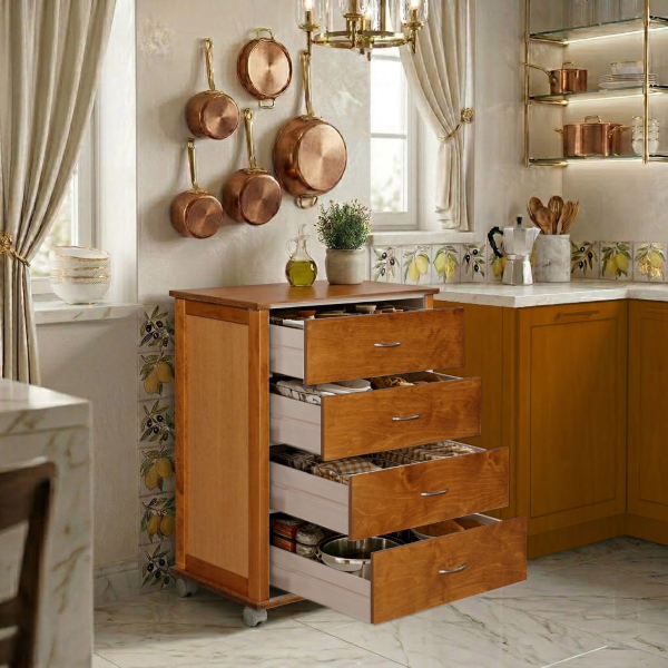 Commode avec roulettes ICON H83 cm en Bois de Hêtre à 4 Tiroirs Chêne.