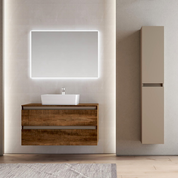 Mobile bagno sospeso 101 cm doppio cassettone e lavabo CUBE1 Tabacco 