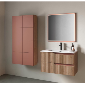 60cm Wall-Hung Bathroom Cabinet in Reeded Wood with 2 Soft-Close Metal Drawers