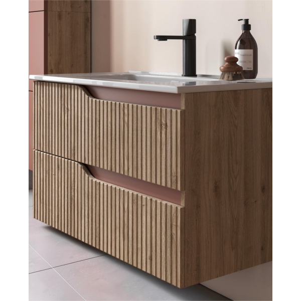 60cm Wall-Hung Bathroom Cabinet in Reeded Wood with 2 Soft-Close Metal Drawers