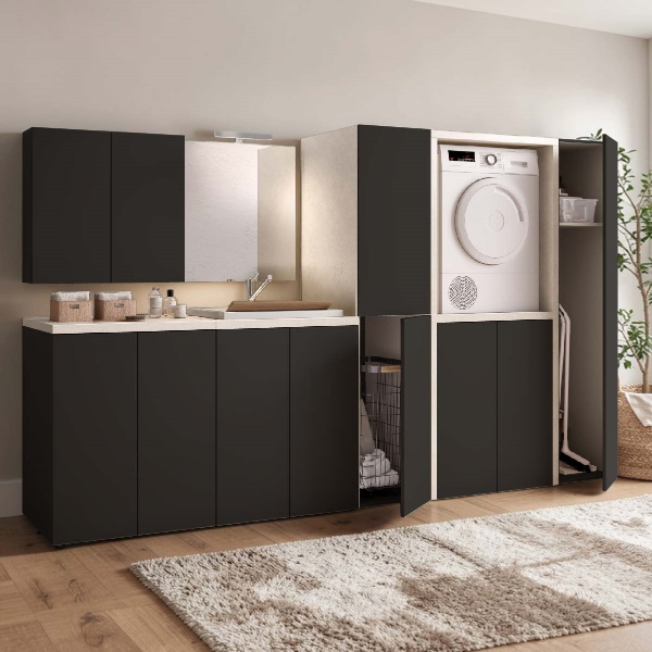 Waschmaschinenschrank aus Holz 119x182 cm mit Säule und Regalen für Wäsche Grau/Graphit