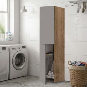 2-Door Laundry Column Cabinet 40x182h cm with Laundry Basket – Gray/Walnut