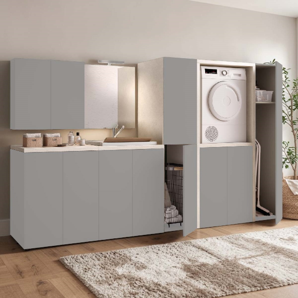 2-Door Wooden Laundry Cabinet 71x65h cm with Resin Sink – White/Stone