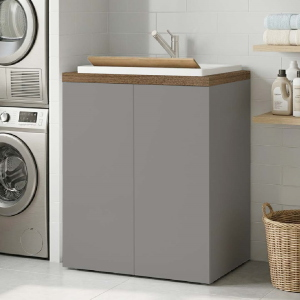2-Door Wooden Laundry Cabinet 71x65h cm with Resin Sink – Gray/Walnut
