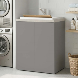 2-Door Wooden Laundry Cabinet 71x65h cm with Resin Sink – White/Stone