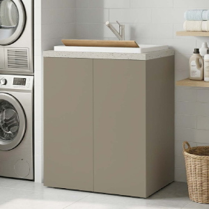 Taupe Holz-Waschbecken mit 2 Türen, Steintop und Resingrundbecken 71x65 cm
