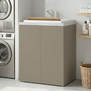 2-Door Wooden Laundry Cabinet 71x65h cm with Resin Sink – Dove Gray/Gray